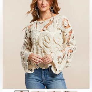 Willow & Root Open Weave Scalloped Sweater Small Crochet Cotton Coastal Cowgirl